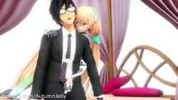 1boy 1girls 3d angela_balzac artist_name autumnjelly bed black_hair blonde_hair blue_eyes clothed_sex cum cum_on_glove cum_twice ejaculation erect_penis erection expelled_from_paradise glasses gloved_handjob gloves handjob light-skinned_female light-skinned_male light_skin music necktie on_bed patreon_url penis rakuen_tsuihou sound tagme twintails video