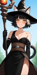 ai_generated bankonit black_hair blush cat_ears catgirl cleavage dress ears_through_headwear freckles gloves long_gloves low-angle_view original_character outdoors skirt smile stable_diffusion staff strap_slip tail thighs waist_belt wizard wizard_hat wizard_robe