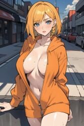 1girls ai_generated belly_button big_breasts blonde_hair blue_eyes buildings cars city clouds concrete facing_viewer female genderswap_(mtf) kenny_mccormick looking_at_viewer mtf_transformation open_eyes orange_hoodie original_character rule_63 skinny sky solo south_park stable_diffusion street sunny sweat tagme unzipped walkway white_skin zipper zipper_down