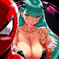 1boy1girl 1girl ai_generated big_breasts blush breasts capcom cleavage close-up clothing condom condom_in_mouth condom_wrapper couple crossover darkstalkers demon demon_girl eastern_and_western_character fat_breasts giant_breasts green_eyes green_hair head_wings huge_breasts human_on_humanoid imminent_sex implied_sex looking_at_viewer male/female marvel marvel_comics marvel_vs._capcom monster_girl morrigan_aensland peace_sign peter_parker plump_breasts saggy_breasts spider-man spider-man_(series) succubus succubus_wings superhero tits you_gonna_get_raped