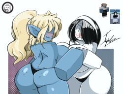 2girls angrydiaper123 big_breasts black_hair black_panties blonde_hair blue_body blush breasts cartoon cute duo_female female female_only freckles headband roblox roblox_avatar thick_thighs topless yuri