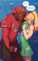 2020 2boys absurd_res amber_eyes blonde_hair blue_eyes breath_of_the_wild cheerleader cheerleader_outfit cheerleader_uniform combos-n-doodles cosplaying crossdressing dark-skinned_male dark_skin dialogue english_text femboy football football_player football_uniform ganondorf girly jock link link_(breath_of_the_wild) link_(tears_of_the_kingdom) long_hair male male_only pointy_ears ponytail red_hair sissy speech_bubble the_legend_of_zelda