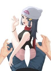 1boy 1girls beanie blush censor_bar censored censored_penis dawn_(pokemon) erection game_freak hair_ornament hat jewelry long_hair looking_at_viewer looking_back nintendo open_mouth out_of_frame pokemon pokemon_dppt pov red_scarf scarf sitting_on_person skirt sleeveless solo_focus striped striped_background takita_(morokosi8)