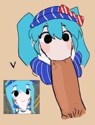 1boy 1girls 2d 2d_(artwork) :>= agal1502 big_eyes black_eyes blowjob blowjob_face blue_hair blush bow fellatio female hatsune_miku huge_cock male meme mesmerizer_(vocaloid) mesmerizer_miku mv_character oral oral_sex pubic_hair pubic_hair_in_mouth reference_image silly silly_face straight stray_pubic_hair twintails vacuum_blowjob vacuum_fellatio vocaloid waitress_uniform