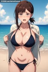 ai_generated aindroidparanoid ass beach big_breasts bikini breasts brown_eyes brown_hair cameltoe chainsaw_man curvy curvy_figure female female_only higashiyama_kobeni hips huge_breasts kobeni_higashiyama navel nervous nipples open_mouth outdoors ponytail scared shirt short_hair stable_diffusion sweatdrop swimsuit thick_thighs wide_hips