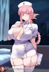 ai_generated breasts cleavage expressionless female florence_nightingale_(fate) garter_straps gloves hand_on_chest large_breasts nurse pink_hair primosan red_eyes standing stockings