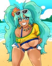 1girls artist_request beach big_breasts blue_eyes blue_hair brazil brazilian brazilian_female brazilian_miku breasts hatsune_miku holding_breast huge_breasts jewelry latin_american_hatsune_miku_(meme) nipple_piercing nipples solo_female superspacewarrior tan_skin tanlines thick_thighs vocaloid