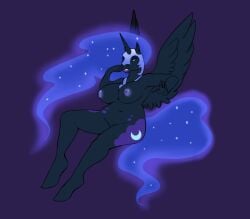 alicorn alicorn anthro anthrofied big_breasts black_body black_feathers breasts cutie_mark equid equine feathered_wings feathers female friendship_is_magic horn huge_breasts mammal moon my_little_pony mythological_creature mythological_equine mythology navel night nightmare_moon_(mlp) nipples nude outside princess_luna_(mlp) revadiehard slightly_chubby solo spots wings