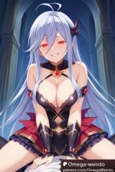 1boy 1girls 86_-eightysix- ai_generated big_breasts corrupted corruption corset dark_magical_girl evil_grin evil_smile female hair_ornament long_hair male omega-weirdo patreon pov red_eyes skirt smile straddling vladilena_millize white_hair_top