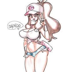 belly breasts creatures_(company) erect_nipples erect_nipples_under_clothes erection erection_under_clothes game_freak hilda_(pokemon) mungsaman nintendo pokémon_(species) pokemon pokemon_bw pokemon_trainer shorts