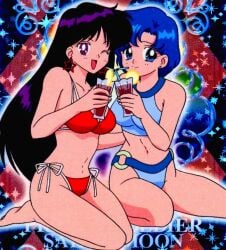 2girls alluring ami_mizuno bare_legs barefoot bikini bishoujo_senshi_sailor_moon black_hair blue_bikini blue_eyes blue_hair closed_mouth female_focus food foot_out_of_frame fruit legs lemon lemon_slice long_hair looking_at_viewer medium_breasts multiple_girls navel official_art one_eye_closed open_mouth purple_eyes purple_hair red_bikini rei_hino retro_artstyle short_hair sitting smile soles swimsuit thick_thighs thighhighs thighs very_long_hair wink