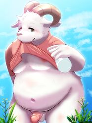 2020 absurd_res anthro balls belly bovid caprine clothing fur genitals goat hi_res kemono male male_only mammal moobs navel nipples overweight overweight_anthro overweight_male penis shirt solo topwear white_body white_fur yukio_ammy