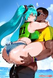 1girls ai_generated beach_sex brazil brazilian brazilian_female brazilian_miku dark-skinned_male evilkuro05 hatsune_miku lifting_person rio_de_janeiro soccer_jersey vocaloid