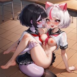 2girl ahe_gao ai_generated ass black_hair blush breasts gray_eyes hair_ornament lesbian_sex medium_breasts nipples pink_eyes purple_skin pussy school_uniform schoolgirl scissoring smile stable_diffusion syahata syahata's_bad_day uwuia white_hair yuri zombie zombie_girl