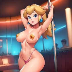 ai_generated blonde_hair blue_eyes large_breasts long_hair mario_(series) pasties princess_peach stable_diffusion stipper_pole strip_club stripper stripper_pole thong