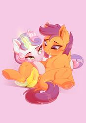 2018 absurd_res anus banana blush digital_media_(artwork) dock duo equine evehly food friendship_is_magic fruit hair hair_on_head hi_res hooves horn mammal multicolored_hair my_little_pony pegasus pussy pussy_juice scootaloo_(mlp) simple_background spread_legs spreading sweetie_belle_(mlp) two_tone_hair underhoof unicorn wings young