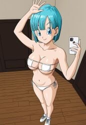 ai_generated big_breasts bikini blue_eyes blue_hair bob_cut bulma_briefs bulma_briefs_(frieza_saga) civitai dragon_ball dragon_ball_z holding_object holding_phone large_breasts object_in_hand selfie selfie_pose smartphone smile straight_hair