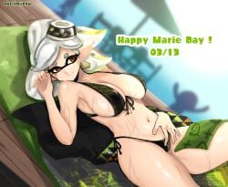 1girls bikini grey_hair laying_down looking_at_viewer lying marie_(splatoon) navel norishiitsu short_hair side_tie_bikini splatoon splatoon_2 sweat