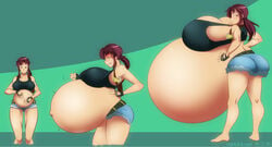 1girls ass_expansion belly belly_expansion big_ass big_belly black_lagoon breast_expansion breasts brown_eyes clothed clothing expansion female female_only gigantic_belly gigantic_breasts gloves gun hyper_belly hyper_pregnancy marrazan pregnant ready_to_pop red_hair revy sequence short_shorts solo tank_top