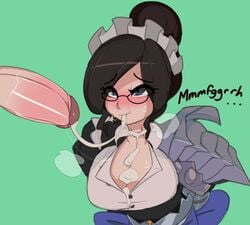 1girls after_fellatio armor arms_behind_back blush breasts brown_hair captain_kirb cleavage clothing cum_in_mouth cum_leaking cum_on_breasts cum_on_neck cum_string cumdrip dullahan glasses green_background grey_eyes hair_bun hair_ornament large_breasts looking_at_another maid_headdress monster_girl overlord_(maruyama) penis text yuri_alpha