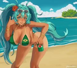 1girls 2024 absurdres artist_name ass beach bikini blue_eyes blue_hair bracelet brazil brazilian brazilian_female brazilian_miku breasts cleavage cyan_eyes cyan_hair devil_horns_(gesture) drink female female_only flag_bikini flag_print flower flower_in_hair green_bikini hair_flower hair_ornament hatsune_miku highres large_breasts latin_american_hatsune_miku_(meme) leaning_forward long_hair looking_at_viewer necklace open_mouth palm_tree sand sea solo solo_female sunglasses sunglasses_on_head tan-skinned_female tan_body tan_skin tanline ultrabinou very_long_hair vocaloid watermark