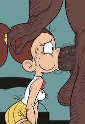 aged_up ai_generated big_balls black_male curvy deepthroat head_grab huge_cock interracial luan_loud prostitute prostitution scared scared_expression sex_slave the_loud_house veiny_penis