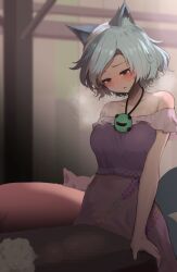 1futa animal_ears arm_support bare_shoulders blue_hair blurry blurry_background blush breasts breath censored clothed clothing commentary_request dog_ears erection female futa_only futanari gomeifuku grey_hair highres huge_cock humanoid humanoid_penis indoors jewelry kemonomimi large_penis light-skinned_futanari light_skin looking_down medium_breasts mitsugashira_enoko mosaic_censoring mostly_clothed nervous_smile off-shoulder_shirt off_shoulder parted_lips pendant penis pink_skirt purple_shirt red_eyes shirt short_hair skirt smile solo sweatdrop table touhou