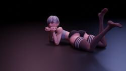 1boy ass big_ass blue_eyes feet_up femboy grey_hair light-skinned_male light_skin lunaluca male male_focus nier nier:_automata nier_(series) on_stomach robot_boy short_hair solo thigh_highs thighhighs trap white_hair yorha_9s