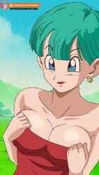 1girls animated aqua_hair blue_eyes bouncing_breasts breasts bulma bulma_briefs bulma_briefs_(majin_buu_saga) collarbone dragon_ball dragon_ball_z dragonball_z earrings foxybulma nipples red_dress short_hair smile undressing