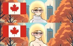 alternate_version_available autumn autumn_leaves blonde_female blonde_hair blush breasts canada comparing cropped female flag looking_at_viewer national_personification nude patreon red_clothing red_coat what_if_animation(artist)