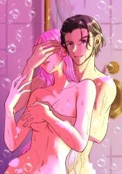 1boy 1girls alice_hoshi7 alternate_hairstyle belly belly_button breast_grab breasts breasts_covered brown_hair bubble claude_von_riegan eyes_covered fire_emblem fire_emblem:_three_houses green_eyes grin hilda_valentine_goneril long_hair nintendo pink_hair short_hair shower showering steam wet