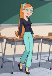 ai_generated bigmic145 black_shirt blue_eyes blue_jeans breasts clothed clothed_female clothing danny_phantom female hair_band jazz_fenton medium_breasts nickelodeon orange_hair