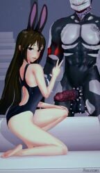 1boy 1girls arrancon brown_hair brown_hair_female bunny_ears bunny_girl couch erect_penis grimm_(rwby) grimmed monster_boy monster_cock one-piece_swimsuit pose posing rwby swimsuit velvet_scarlatina