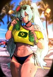 1girls ass big_ass big_thighs bikini brazil brazilian brazilian_female brazilian_miku breasts can color color_edit cyan_eyes cyan_hair edit female female_only hatsune_miku holding_object huge_ass huge_thighs latin_american_hatsune_miku_(meme) long_hair looking_at_viewer masoq095 medium_breasts shirt shorts solo sweat sweatdrop sweating tan tan_body tan_line tan_lines tanline tanlines thick_hips thick_thighs thighs thong twintails vocaloid