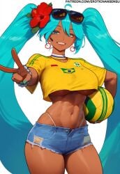 1girls ai_assisted ai_generated aqua_eyes aqua_hair ass bead_bracelet big_ass big_breasts big_thighs brazil brazilian brazilian_female brazilian_flag brazilian_miku breasts butt choker crop_top cyan_eyes cyan_hair dark-skinned_female dark_skin denim_shorts earrings erotic_nansensu female female_only hair_flower hatsune_miku huge_breasts latin_american_hatsune_miku_(meme) long_hair looking_at_viewer midriff peace_sign shirt shorts simple_background soccer soccer_ball soccer_uniform solo sunglasses sunglasses_on_head tagme tan tan_body thick_hips thick_thighs thighs thong twintails underboob vocaloid voluptuous white_background yellow_shirt