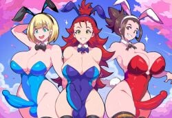 3futas ai_generated big_penis blonde_hair brown_hair bunny_ears bunnysuit erection futa_only futanari large_breasts long_hair mullon novelai penis playboy playboy_bunny playboy_bunny_leotard red_hair short_hair smile thick_thighs