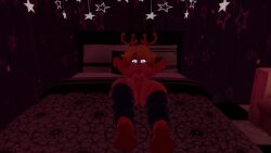 anthro antlers arm_warmers bed blue_eyes breasts brown_body brown_fur cryptiacurves deer deltarune female fully_nude hooves leg_warmers lying_on_back lying_on_bed nipples noelle_holiday on_back on_bed thick_thighs vrchat