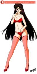 1girls 2018 alpha_channel bishoujo_senshi_sailor_moon bra breasts brown_hair chancero female_only finger_to_mouth high_heels lingerie long_hair looking_at_viewer medium_breasts panties purple_eyes rei_hino sailor_mars stockings text transparent_background url watermark