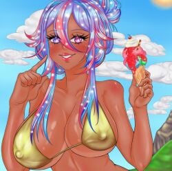 1girls brazilian brazilian_female clouds dark-skinned_female dark_skin female galaty galaty_dubs galaxiadubs gold_bikini gold_bra golden_bikini golden_bra holding_ice_cream huge_breasts ice_cream large_breasts looking_at_viewer multicolored_hair nipple_bulge oc original_character pink_eye purple_eye purple_hair solo stars stars_in_hair twitter twitter_link virtual_youtuber vtuber_br