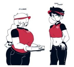 cash_money_(gats) chubby eyeshadow gats hair_over_eyes huge_breasts milkbar_(gats) pizza pizza_girl pizza_thot short_hair visor_cap