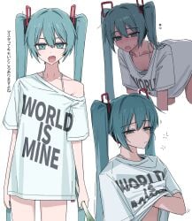 1girl 1girls bare_shoulder bedhead blue_eyes blue_hair caststation casual female hatsune_miku light-skinned_female light_skin oversized_clothes oversized_clothing oversized_shirt seductive seductive_look skinny sleepy solo solo_female tagme twintails vocaloid