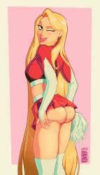 1girls ass_focus ass_grab blonde_hair cheerleader cheerleader_uniform female female_only green_eyes kumbhker long_hair pale-skinned_female pale_skin rapunzel revealing_clothes tangled text tongue wink winking_at_viewer