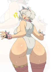 !? 1girls ass backboob blue_eyes breasts elphelt_valentine guilty_gear guilty_gear_strive headband huge_ass leedraw11 short_hair thick_thighs thighs white_background white_hair