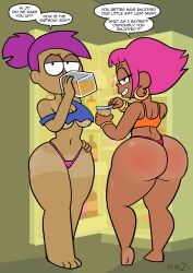 2girls ass big_ass breasts bubble_butt crop_top dark-skinned_female dark_skin dat_ass dialogue ear_piercing earrings enid enid_(ok_k.o.!_lbh) enid_mettle fat_ass female female_only hand_on_hip huge_ass human_shannon indoors kitchen large_ass looking_at_viewer looking_back ok_k.o.!_let's_be_heroes panties piercing pink_hair planz34 png purple_hair refrigerator shannon_(ok_k.o.!_let's_be_heroes) shannon_boxman talking_to_viewer tanline text thick_ass thick_thighs underboob wide_hips