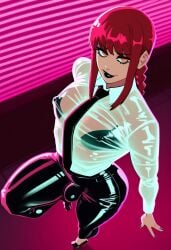 ai_generated chainsaw_man femboy heels latex makima_(chainsaw_man) neon_lights nikolgreen red_hair see-through_clothing