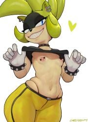 1girls anthro blue_eyes chelodoy ear_piercing flashing flashing_breasts fully_clothed furry furry_female furry_only gloves green_fur heart looking_at_viewer nipple_piercing nipples perky_breasts piercing sharp_teeth shirt_lift small_breasts smiling sonic_(series) sonic_the_hedgehog_(series) surge_the_tenrec tight_clothing