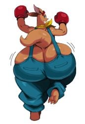 ass bow boxing_gloves cara_(sssonic2) female huge_ass kangaroo motion_lines overalls sssonic2 thick_thighs tongue_out wide_hips