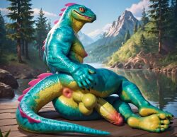 1boy abs ai_generated anthro anus ass ass_focus back back_muscles balls bara big_ass big_balls big_muscles big_nipples big_pecs big_penis blue_body booster_rex daddy dilf erect_nipples erection fortnite gay green_body huge_balls huge_cock hunk lizard lizzik_(fortnite) male male_only multicolored_body muscular muscular_anthro muscular_male navel nipples nude pecs penis reptile scalie solo