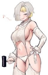 female female_focus female_only grey_eyes hammer kromer_(limbus_company) limbus_company looking_at_viewer migishita oerba_yun_fang project_moon short_hair smile smiling_at_viewer smug stockings thighhighs thighs virgin_destroyer_sweater white_background white_clothing white_hair yellow_highlights