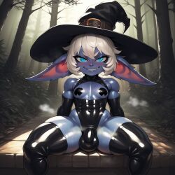 ai_generated bulge femboy futanari latex league_of_legends male shortstack taped_nipples thighhighs tristana witch_hat